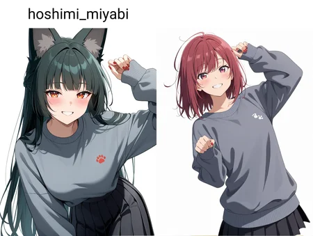 hoshimi_miyabi,1girl,  black shirt, black skirt, blush, casual, fingernails, grey sweater, grin, holding, long sleeves, pleated skirt, red nails, shirt, simple background, skirt, sleeves past wrists, smile, solo, sweater,white background,paw_pose,  <lora:hoshimi_miyabi-wildcard-ill2.0-t0:1>, (masterpiece), (best quality), (ultra-detailed), very aesthetic, illustration, disheveled hair, perfect composition, moist skin, intricate details, anime artwork, anime style, vibrant, studio anime, highly detailed