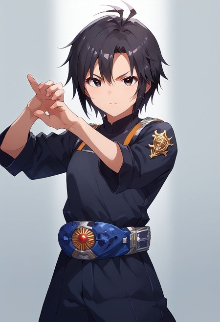 score_9, score_8_up, score_7_up, source_anime,
kkcmkt, short hair, black hair, antenna hair, hair between eyes, black eyes, flat chest,  small breasts, rider belt, henshin pose