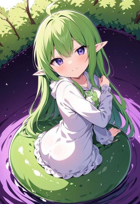(masterpiece), (score_9, score_8_up, score_7_up,source_anime), 4K8K, best quality, high res image, illustration, Uncorrected, CG, 
(girl view from above. look-doen angle:1.3), from behind, 
1 elf woman sitting on a giant white grape slime, pretty white slime, (lot of white grape cubes around woman), (hair over breasts, long hair, hair censor:1.4), twinkle grape cube, 
slime, slime like a  grape, grape slime, see-through violet slime, 
BREAK
small breasts, elf ears, 
(gradient hair, green hair, very long hair, Bangs covered eyes, ahoge, hair over breasts, hair censor), 
(hair blind eyes, half opened eyes, jitome, smile), 
wearing hooded robe, linen dress, culottes, denim short culottes, 
in orchard, fruit orchard, fruits trees,