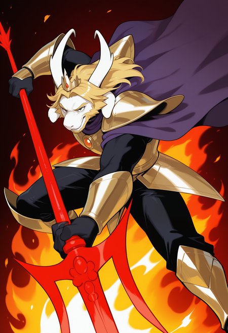 masterpiece,best quality,amazing quality, 1boy, solo, 4sg0r3, gold armor, gold gauntlets, black undershirt, gold crown, gold crotch plate, gold tassets, gold greaves, furry male, purple cape, black pants, gold chestplate, gold pauldrons, red trident, polarm, attack, fire in background,