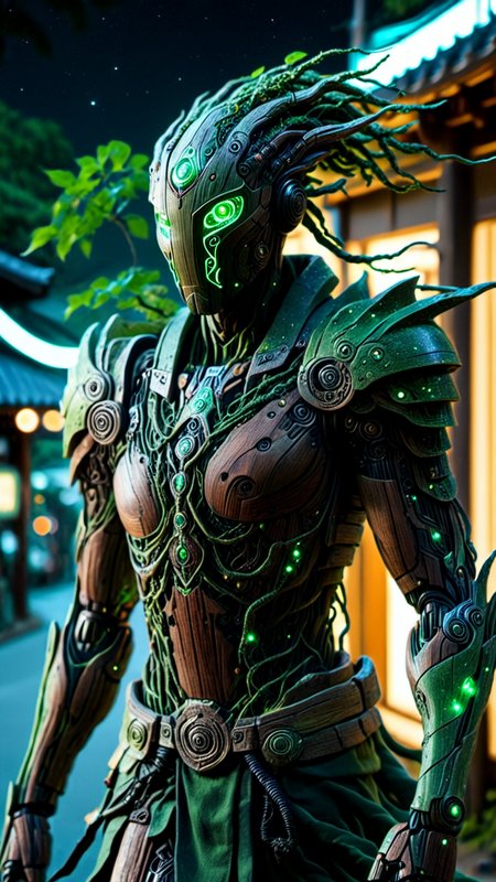 Hyperrealistic art cinematic film still photography in the style of detailed hyperrealism photoshoot, a wandering wooden android warrior that is a combination of wood and micro electronics, walking through the street of an ancient traditional Japanese naturepunk town, (nighttime, night shoot, starry sky, dark sky:1.5), glowing green eyes, (his wooden body plates has electronic green glowing veins:1.3), covered in glowing roots and wires and vines, small green gems, he holds an ancient scimitar at the ready, bold lines, hyper detailed, shallow depth of field, vignette, highly detailed, high budget, bokeh, cinemascope, moody, epic, gorgeous, film grain, grainy, extremely high-resolution details, photographic, realism pushed to extreme, fine texture, incredibly lifelike,<lora:sd_xl_dpo_lora_v1:1.0>,  <lora:NaturePunk_SDXL:1.0>, Naturepunk,   <lora:Bio-Luminescence:1> bioluminescent, glowing