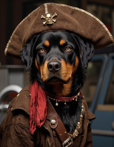 ZooPolis art. A photo-realistic shoot from a close-up camera angle about a dog dressed as a pirate, wearing a brown pirate hat and a red scarf, with a serious expression. the image also shows a dog, a rottweiler, in the middle of the image, looking directly at the viewer with its golden eyes. the dog has black and tan fur, long black hair, and a brown coat. it is wearing a pirate hat with a skull and crossbones ornament, a brown leather belt with a silver buckle, and decorative beads around its neck. the background is blurred and out of focus, emphasizing the dog's features.