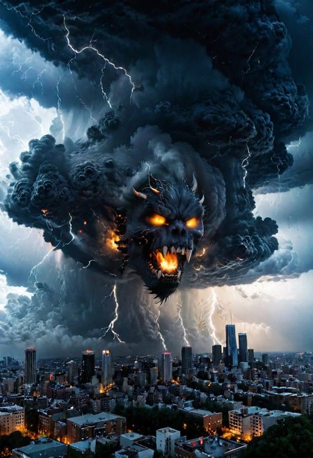 black clouds, rain, lightening, dark, night, ( beast appears from the rolling cloud), The beasts looks down as he towers above the city below,  DEVIL SPAWN