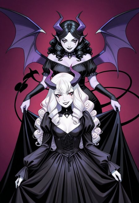 safe_pos, masterpiece, best quality, newest, absurdres, highres,  anime, anime style, Dynamic-Duo-Pose-IL.V1.0, Duo, Duo focus, dynamic duo, dynamic pose, pose, 
1girl, purple skin, purple colored skin, black hair, long hair, curly hair, horns, demon horns, demon girl, dress, long hair, mature woman, seductive, seductive smile, 
BREAK 1girl, white skin, white colored skin, pale skin, albino, albino skin, horns, demon horns, demon girl, succubus, wings, bat wings, demon wings, goth, goth girl, goth makeup, runny makeup, smile, grin, closed mouth,
