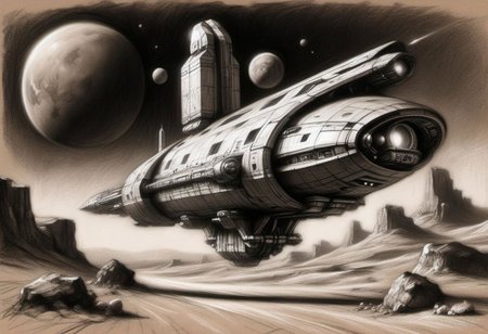 (masterpiece), 
Black and white Renaissance drawing of a simple spaceship, road to mars,
Black and white tones,
HDR, highly detailed, 32k, 
looking at viewer, Style-Renaissance