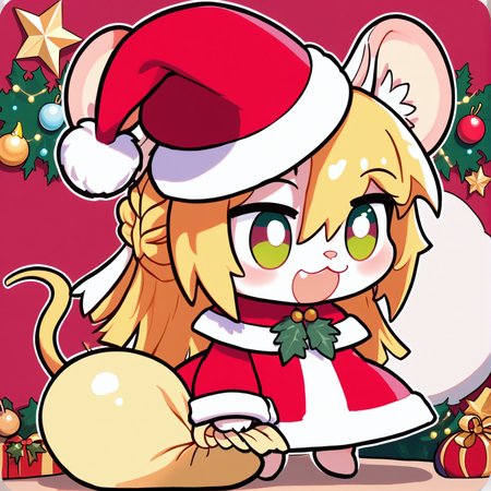 padoru <lora:padoru-IL-1.0:1>, masterpiece, perfect quality, best quality, anime coloring, 1girl, solo, padorumeme, padoru, christmas background, Chloe, 1girl, solo, long hair, blonde hair, animal ears, green eyes, furry female, mouse ears, mouse girl, mouse tail, body fur, white fur, bangs, animal nose,  <lora:Chloe_v02_PDXL:1>, score_9, score_8_up, score_7_up, score_6_up, score_5_up, score_4_up,