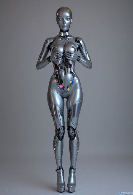a full length wide shot of a robotic woman. image of a detailed pastel feminine robot, black outline, slim feminine figure, rainbow spandex bodysuit, white thigh-high stockings. exposed mechanical insides consisting of intricately connected components visible between pastel-coloured panels. intricate mechanical details, ((cute humanoid feminine face)). Exposed circuitry glows with holographic rainbow highlights. her sheer holographic thigh-high stockings with pastel trim hug her mechanical legs, revealing glimpses of the complex mechanical structure beneath. The stockings feature intricate geometric patterns that shimmer with rainbow iridescence. The composition is set against a gradient background of muted pastel-rainbow colours, playful reflections across the pastel surfaces. wide womanly hips, toned womanly thighs, , silicone skin, Shot from her side, dynamic anime pose, feet look like stiletto heels
pastel_style, Humanoid_Robot, KPB-Illu, lazyneg, lazypos, mechanical face parts, human eyes, holding her breasts in her hands, nipple outline
s1lc4t, pastel-rainbow catsuit, skin tight, shiny clothes, seamless clothes, digitigrade legs
cinematic film still, shallow depth of field, vignette, highly detailed, high budget, bokeh, cinemascope, moody, epic, gorgeous, film grain, grain, pastel clothing, rainbow dress, multicolored clothing, latex, midriff, cleavage cutout, choker