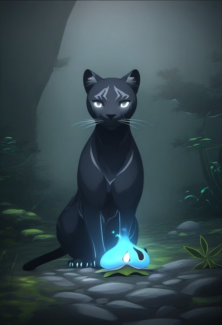 A sleek, midnight-black panther with glowing silver eyes and spectral, misty fur prowls through a highland jungle, half-concealed by the creeping fog. Its form appears to flicker between solid and shadow, giving it an ethereal presence. Bioluminescent fungi glow faintly in the background, illuminating ancient twisted roots and stones. Ink drips and painterly smudges blur the line between the physical and the spectral, making the panther feel like a guardian of unseen realms