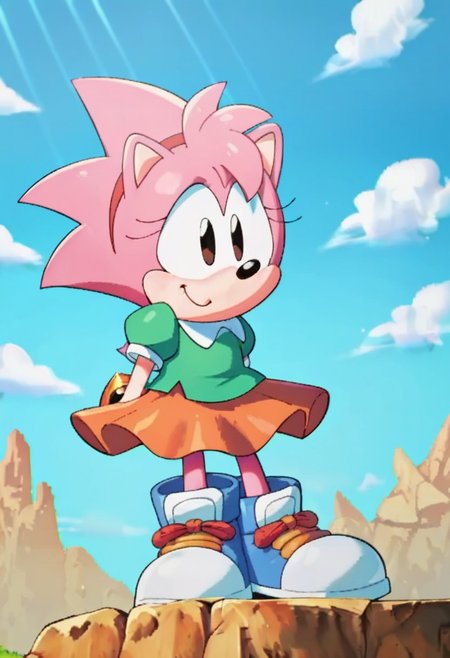 score_9, score_8, score_7, source_furry, amiroze, full body, blue sky, puffy short sleeves, cloud, blue footwear, sideways mouth, happy, boots, closed mouth, blurry