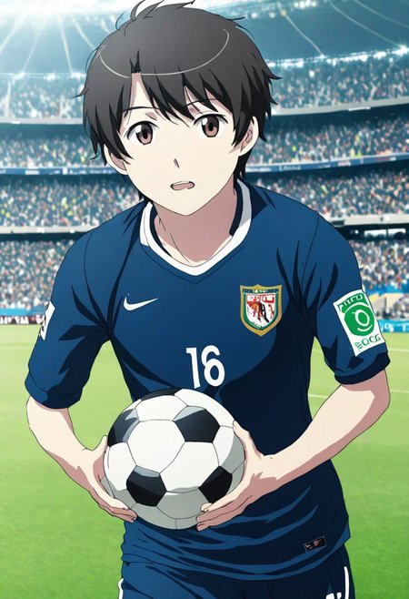high resolution, solo, best quality, 1Boy, Inaho Kaizuka, Black Hair, Brown Eyes, Soccer , soccer player, field, potrait, sport photography celebration, OverallDetail
