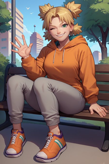 score_9, score_8_up, score_7_up, score_6_up, source_anime, 1girl, solo, <lora:temari-pdxl-nvwls-v1-000007:1> tmri, blonde hair, short hair, dark green eyes, orange hoodie, grey pants, sneakers, sitting, wink, waving, park bench, city, full body, sitting, looking at you, breasts, smile