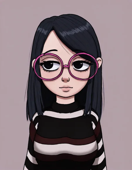 <lora:Purcubo_Style_Illust:1>,purcubo_style,long black hair, large round glasses with pink frames, black and brown striped sweater