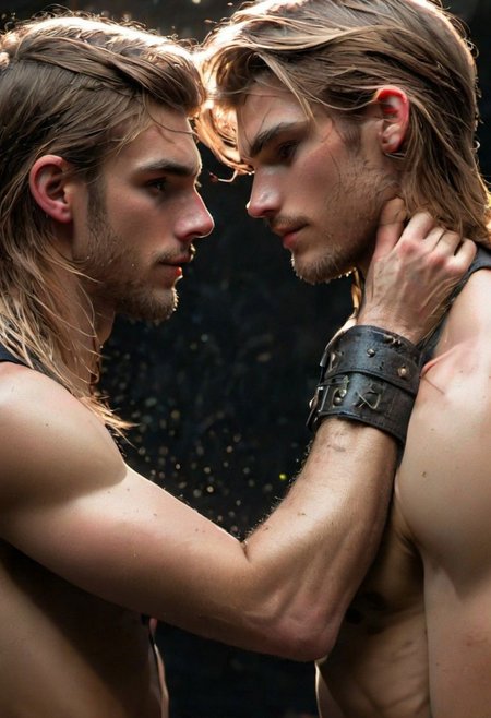 kyle ross, male focus, 2men, full bodies of two handsome 18yo platinum blonde twinks hugging and kissing, close up of faces kissing, holding each other from behind, hugging from behind, face focus, dynamic posture, dramatic angle, camera angle from below, shirtless, stubble, hands on each other's chest, black dog collar, black neck collar, long chain necklace, shirtless, kinky,
skinny muscled, slender muscled, skinny, slender features, narrow shoulders, detailed armband tattoo, cute face, boyish face, perfect biceps, bicep veins, bulging veins, defined veins, great pecs, thin waist, angular face, strong and powerful, sporty, predatory look, feathered hair, long hair, shoulder length hair, great detail, satisfaction, blue eyes, bubble butt, small ass, small butt, tight shorts, 
(Masterpiece, high quality:1.3), masterpiece, depth of field, bokeh, detailed, homoerotic, (homoerotic), highly detailed, sharp focus, intricate, smooth, elegant, fantasy, cinematic lighting, cinematic, masterpiece, matte, photorealistic, 4k, beautiful, volumetric lighting, dramatic, photo-realistic, life-like, high detail, lighting, 8Knematic lighting, 8K, contrast lighting, contrasting lighting, cinematic lighting,