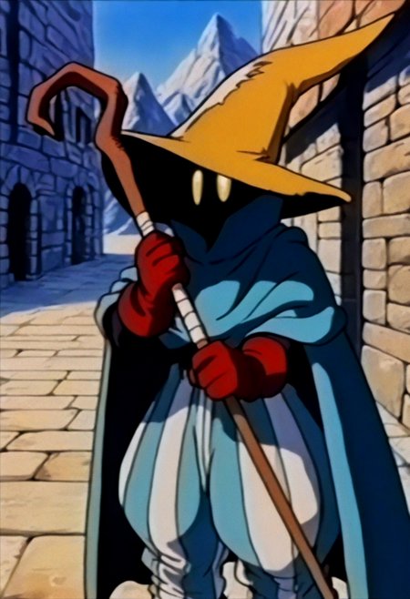 masterpiece, best quality, solo, looking at viewer, 1boy, looking at viewer, <lora:Ziggy-illus_Fp:1>, ziggy, yellow eyes, shaded face, faceless, no mouth, wizard hat, striped pants, cloak, robe, gloves, puffy pants, holding staff,  <lora:FeOVA_GLoRA-illus_Fp-000045:1>, retro artstyle, outdoors,