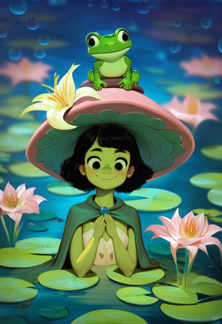 score_9, score_8_up, score_7_up, Expressiveh, zPDXL2, extreme detail, source_anime, high quality, solo, 1 cute frog girl, duo, bright green skin, detailed scales, wizard hat, lily pad hat, flower on hat, lily, magical book, cute, colorful bubbles, abstract colors in background, short black hair, swimming, thinking, smile, flowing cape, realistic, frog sitting on hat, detailed frog skin, mystical swamp background