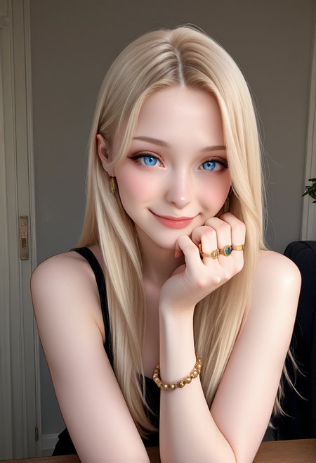 masterpiece, best quality, closed mouth,   1girl, solo, long hair, looking at viewer, smile, blue eyes, blonde hair, jewelry, bracelet, ring,   ,  <lora:R3alB3auty_IXL_v1:1.0>,