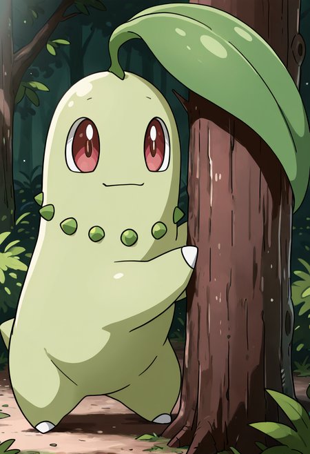 masterpiece, best quality, no humans, solo,    zzChikorita, peeking over a mossy log with quiet curiosity, morning mist curling around its small green body.    ,<lora:ChikoritaPokedex_IXL:1.0>,