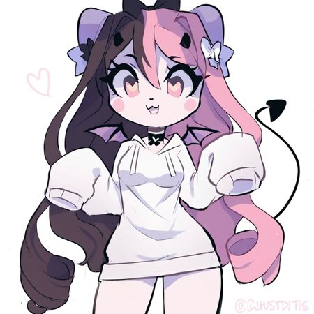 score_9, score_8_up, score_7_up, BREAK, 1girl, solo,oversized sweater, ANG3L, long hair, horns, furry female, sleeves past wrists, bow, demon tail, wings, oversized hoodie, white hoodie, choker, pink eyes, heartshaped pupils, wings, multicoloured hair, two-tone hair, split coloured hair, tail, pink and black hair:1, from below view, spoken heart, heart, white background <lora:princess_xl_v2:1> <lora:Angel_2_crispytyph-000007:1>