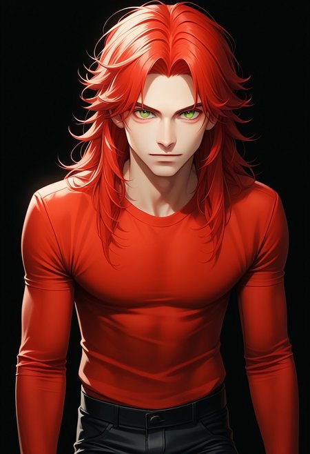 solo,  long hair,  looking at viewer,  simple background,  red hair,  shirt,  1boy,  green eyes,  male focus,  pants,  black background,  red shirt, ,    ,realistic BREAK  PonyXLV6_Scores