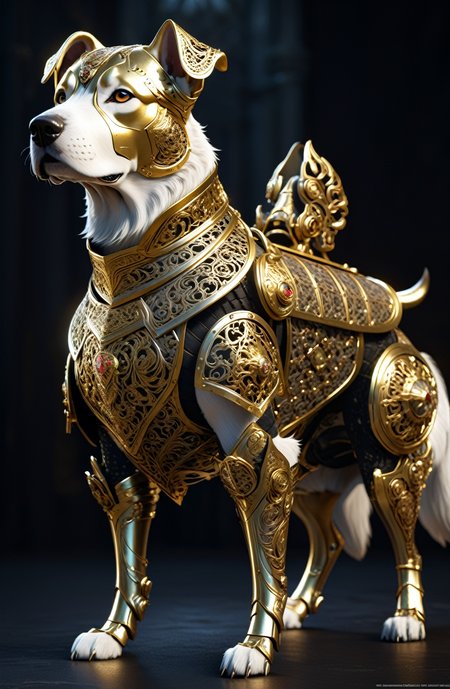 Anthropomorphic majestic dog, detailed armor, intricate filigree metal design, gold, steel, silk, hyper detailed, cinematic lighting, 16k, 32k, Unreal Engine, Octane Rendering, (beyond cognitive rendering, Super Rendering, Science)
 <lora:xl_more_art-full_v1:0.4> <lora:sdxl_photorealistic_slider_v1:0.6> <lora:Face_Robotics_sdxl:0.4>