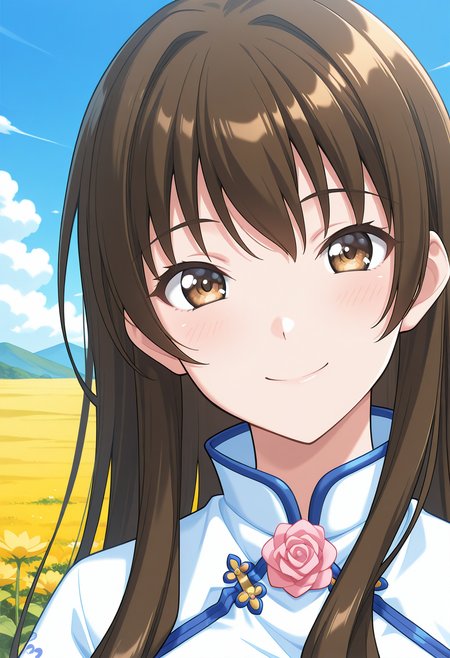 ever17_sora, brown eyes, brown hair, long hair, white dress, china dress, chinese clothes, <lora:ever17_sora_illustrious_ver1:0.8> 
smile, 1girl, solo, (field:1.2), (blue sky:1.2), looking at viewer,, masterpiece, best quality, general,, (upper body:1.2), (close-up:1.2), (facing viewer:1.2), (open eyes:1.4), (portrait:1.2)