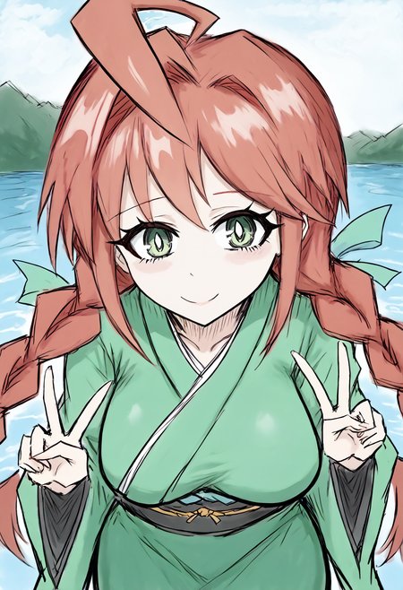 <lora:intricate_details:1> intricate_details_xl,  score_9, score_7_up, source_anime, uncensored, zPDXLxxx, lake, (expressive:1.25), sensual, New Year's Day, close-up, cowboy shot,
1girl, solo, li, large breasts,  red hair, twin braids, asymmetrical bangs, ahoge, big hair, green-hazel eyes, looking at viewer, kimono, pensive, <lora:BlackSouls_Style_v1.0:1.2> bs style, sketch,
looking at viewer, double v, light smile, standing, leaning forward,