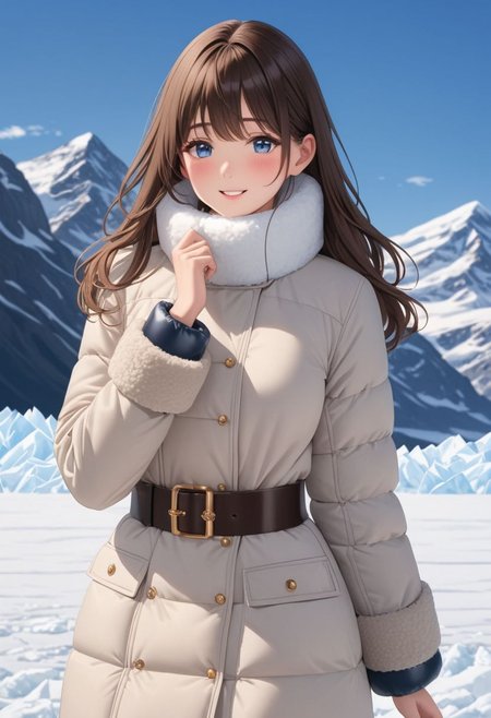 ((((white Oversized shearling down jacket)))), ((((white Oversized shearling puffer jacket)))), ((((white Oversized shearling winter clothes)))), ((((very very cold, in cold)))), ((((semi-realistic)))), ((((puffer hood)))), ((medium knee office skirt, pantyhose, boots)), ((((full body shot)))), ((sharp eyelid, eyeliner, eyelashes, beautiful detailed eyes, tsurime, long messy brown hair, blue eyes, perfect anatomy)), detailed fingers, solo, smile, standing, icefield, ((((masterpiece)))), ((((best quality)))), ((intricate details)), RAW, 8K UHD, (1girl), office lady, detailed face, beautiful face, charming, bonny, (((blush))), (((heavy breathing))), (((feels orgasm))), wind, (Thick padded collar:1.4), (TSH:1.4), (Thick padded cuffs:1.4)