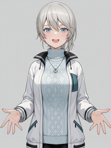 masterpiece,best quality,newest,
1girl,solo,
<lora:ADELAIDE_BLUTHAUSEN_ilxl_v1.0:1>,a_bluthausen,grey hair,blue eyes,braided ponytail,
s_nase,necklace,white jacket,long sleeves,turtleneck sweater,black pants,<lora:Fixhands_anime_bdsqlsz_V1:1>,looking_at_viewer,standing,simple_background,white_background,open hands,portrait,straight-on,cowboy_shot,laughing,
