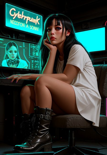 masterpiece, best quality, absurdres, very aesthetic, D3ND3N, girl, solo, sitting, black hair, long hair, nail polish, looking at viewer, realistic, neon lights, monitor, chair, shirt, nose, white shirt, boots, piercing, lips, cyberpunk, short sleeves, makeup, grainy, film photography