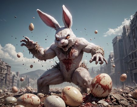 high quality, high detail, masterpiece, a detailed aerial  illustration of an enormous evil bloody easter bunny on rampage, wrecking havoc, crushing  eggs,