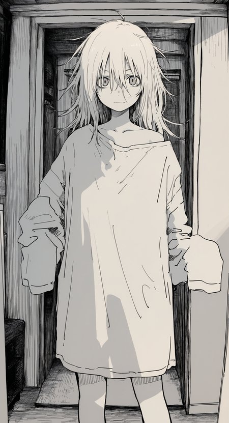 sharp messy sketch (linear hatching, hatching \(texture\):1.3),  
(by 
ibsukionsen
:1.25), 
1girl, indoors, looking at viewer, oversized clothes, oversized shirt, 
masterpiece, best quality, amazing quality, very aesthetic,
<lora:nhl-004:0.9>  nhl-004,