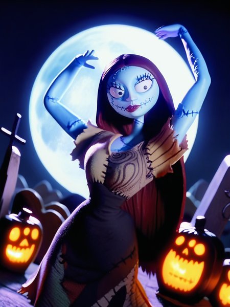 score_9, score_8_up, score_7_up, 1girl, arms up, looking at viewer, cowboy shot, detailed background, dynamic pose, dynamic angle, cute pose, graveyard, moon, night, from below, very sexy, naughty face,
 <lora:SallyXLP_character:1>, SallyXLP, red hair, long hair, black eyes, stitches, dress, patchwork clothes, narrow waist, colored skin, blue skin, screencap, realistic, 3d