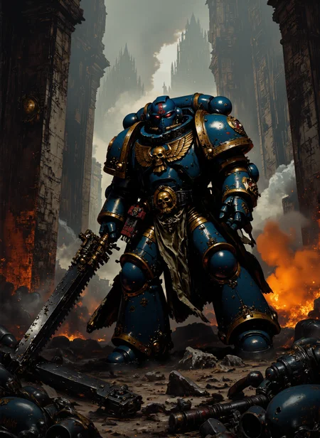 concept art <lora:Chainsword_-_Warhammer_40000_Flux:1> <lora:ck-shadow-circuit:0.4> <lora:Dramatic Lighting Slider:1> <lora:FluxUltraM40k:1>, ultram40k <lora:MoriiMee_Gothic_Niji_Style__FLUX_LoRA_Test_2:0.4> , best quality, (masterpiece, aesthetic:1.3), dark oppressive atmosphere, ruins,  The Warhammer 40000 universe,A Space Marine holding chainsword, full body, (watercolor oil painting style:1.4), no logo, <lora:style_of_Rembrandt_FLUX_135:0.6>, ultra high detailed,no watermark, cinematic moment, An epic scene, glow effects, godrays, Hand drawn, render, 8k, octane render, cinema 4d, blender, dark, atmospheric 4k ultra detailed, cinematic, Sharp focus, big depth of field, Masterpiece, colors, 3d octane render, 4k, concept art, trending on artstation, hyperrealistic, Vivid colors, extremely detailed CG unity 8k wallpaper, trending on CGSociety, Intricate, High Detail, dramatic, digital artwork, illustrative, painterly, matte painting, highly detailed