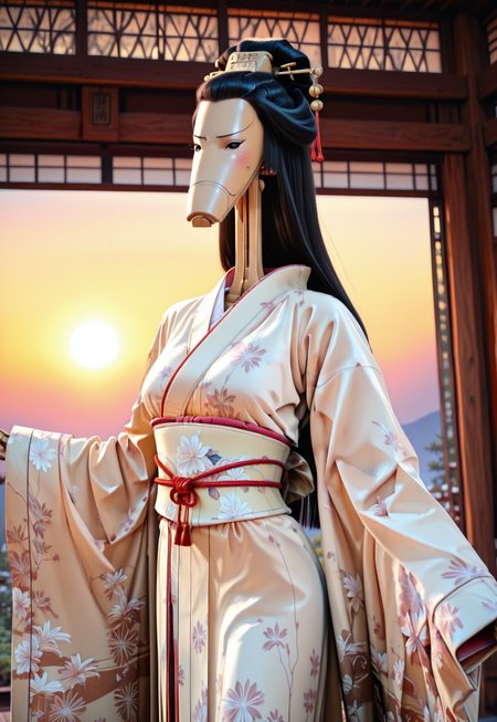 Masterpiece, absurdres, highest quality, highly detailed, newest, 8k, semi-realistic, solo, b1bd, cl4nker, Long black hair, straight hair, geisha hairstyle, intricate kimono, Japanese background, setting sun,  looking at viewer, blush, detailed background, no humans, dynamic pose, dynamic angle, aidmaimageupgrader