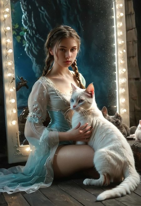 anhei,This is a highly detailed digital artwork in a dark fantasy style, A cute beautiful slavic 26 year old pretty woman in felt torn night dress have a sex with slavic man and looks in the mirror and sees an image of an white kitten with high resolution, high detail, realism, cinematography ((realistic,photorealistic, hyperrealistic)), full body shot, kitten sitting on the girl`s legs and licking her tits, soft focus to all body, small breasts, pretty smile , sexy look, detailed skin face and eyes , natural mystic moonlight lighting , wavy dark-brown hair in a braids, film grain, low contrast, very beautiful natural slavic face , beautiful thin body, thin beautiful long legs, bright blue eyes,