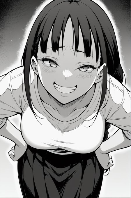 score_9, score_8_up, score_7_up, monochrome, manga_source, best background, detailed background, manga, grayscale   Hina, Main Outfit, grin, naughty face, horny, bent over, hands on hips, solo, dynamic camera, dynamic angle, <lora:JN_Hina:0.8>