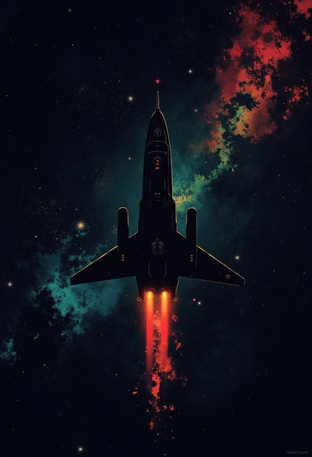 lifelike, silhouetted outline against a dark background, rainbow colours, a sleek starfighter spaceship, stars, nebulas