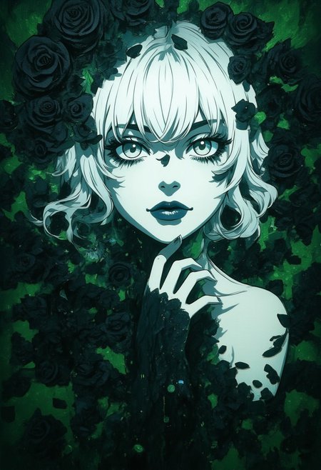An Acrylic style painting that is expressive, gives it a dynamic and emotional quality. Anime art of a stylized portrait of a woman with a ethereal black and green mist surrounding her body. The mist creates a dramatic and surreal effect. The woman has a cold aesthetic, complimented by her white hair. Anime art of woman draped in shadows with a lighting that enhances her unique features.
The background is dark green, filled with black rose petals.