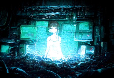 masterpiece, best quality, amazing quality, very aesthetic, absurdres,  newest,
1girl, iwakura lain,  solo,  thigh_gap , dark_background, cable, looking_at_viewer ,pile , spaghetti_strap , utility_pole,wire, monitor,entangled, digital_rain,
optical illusion,yoneyama mai,quasarcake:0.7, rolua, negative space, cinematic shot, very awa, science fiction,matrix, code, digital,computer, glitch, covered  in wire, green background, wild shot,
<lora:cfg_scale_boost:0.7>, <lora:illustrious_noobai_epsilon_pred_11_very_aesthetic_v1:0.6>, <lora:illustrious_noobai_epsilon_pred_1_masterpieces_v1:0.6>, <lora:illustrious_noobai_epsilon_pred_1_best_quality_v1:0.6>, <lora:Lain_PonyXLv3:0.7>, <lora:Code__Digital_World_Morph_v2_PONY_XL_by_UOC:0.7>, <lora:USNR STYLE_XL_loha:0.7>