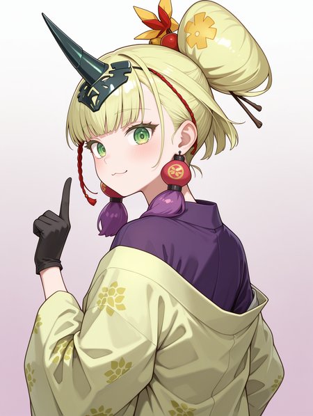 no-p.u.n.k. deer note,black gloves,solo,looking at viewer,1girl,:3,red hair ornament,purple tassel earrings,black horn headpiece,green haori,purple sleeveless kimono,upper body,standing,egasumi,gradient background,index finger raised,looking back,from behind,
masterpiece,best quality,amazing quality,very aesthetic,absurdres,newest,<lora:No-P.U.N.K. Deer Note illusXL v1:0.75>,