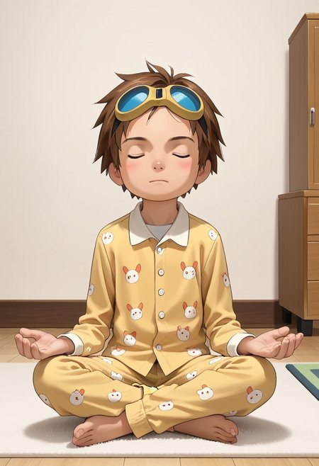 score_9, score_8_up, score_7_up, zPDXL2, 
,
1boy, solo, goggles on head, brown hair, 
Standing in the room wearing pajamas
hud_m3dit4tion, indian style, sitting, on floor, , pants, facing viewer, barefoot, closed eyes,