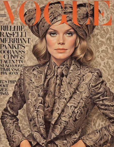 She tailored wide lapels, velvet suits, paisley prints, hipster chic, suave sophistication, Rolling Stone Fashion Feature, vintage vinyl records.,highly intricate,(VOGUE Cover Magazine:1.15),1968, 60s, black letters, hyper detailed, photorealistic,,