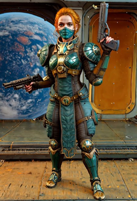 badass Grineer lancer, grineer lancer, teal grineer,  Wearing mask, mask on, grineer mask, grineer mask on, yellow eyes,  1boy, grineer lancer outfit, wearing grineer mask, holding gun, grineer gun, grakata, holding grakata, 
(Grineer mask), , (dark shot:1.17), ((epic)) realistic, faded, , art, (hdr:1.5), (muted colors:1.2), hyperdetailed, (artstation:1.5), cinematic, warm lights, dramatic light, (intricate details:1.1), complex background, (rutkowski:0.8),((full body:1.9)), by Blizzard entertainment, big armor, l, wearing grinear armour, black anf teal armour, large armor, low light, facing camera, lot of details, detailed armor, half side portrait, on space ship, (night time),