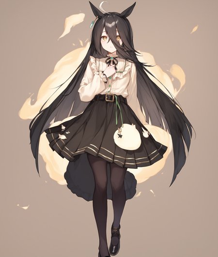 score_9, score_8_up, score_7_up, 2D, anime BREAK
casual_clothes, 1girl, solo, long hair, looking at viewer, bangs, skirt, shirt, black hair, long sleeves, holding, animal ears, hair between eyes, jewelry, full body, yellow eyes, ahoge, pantyhose, multicolored hair, earrings, belt, black skirt, black footwear, horse ears, horse girl, 
<lora:Manhattan Cafe-ponyXL_locon:1>,