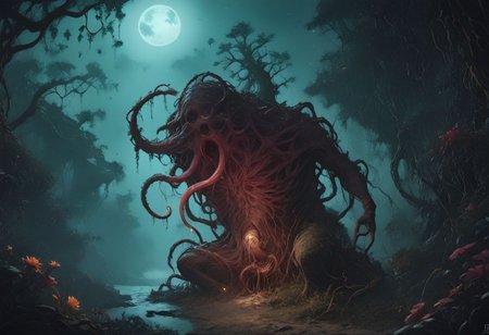 score_9, score_8_up, score_7_up, score_6_up, score_5_up, score_4_up, rating_explicit, source_western, no humans, BREAK,
giant tree is a monster, bark of flesh and veins, tentacles entwine the trunk and branches like a vine, flesh flower from hell, ugly biomass, blood, 
floating rocks in black astral space,
horror at night, high resolution details, ultra detailed, 8k, uhd, studio photo quality,
