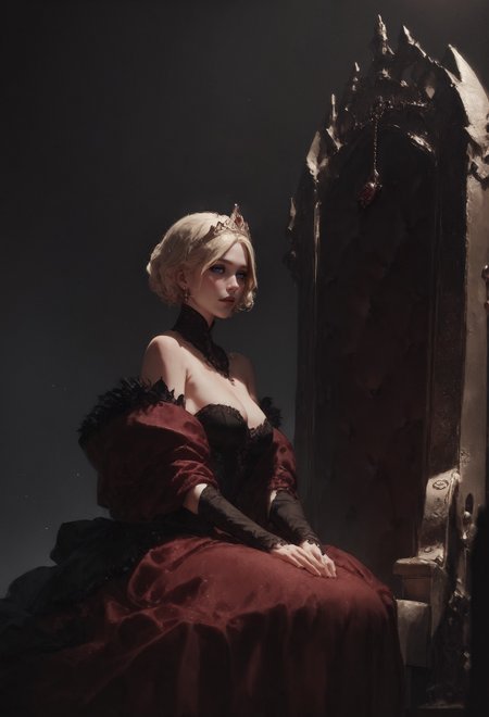 score_9, score_8_up, score_7_up,  queen, blonde hair, portrait, short hair, sitting on a golden throne, red royal dress, castle room, ornate dress, intricate fabrics, white fur, throne room, golden tiara, dark theme, majestic, fantasy, magic  <lora:pony/twilight_style:0.8> <lora:pony/expressiveh:0.8> expressiveh <lora:sdxl/sinfully_stylish_sdxl>