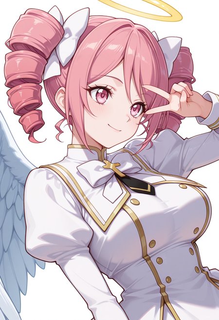 Smooth Quality,masterpiece,very intricate, high quality details, ultra realistic, high detailed skin,detailed enviorement,absurdres,
v over eye,
 <lora:Pino_CNR:0.8>
pino_cnr, 1girl, pink hair, short hair, twintails, drill hair, pink eyes, large breasts,
pino_cnr_def, white dress,white bow, hair bow, hair ribbon, cross, necktie, long sleeves, juliet sleeves, halo, angel wings,, simple background, white background, sideways,solo,, in heat,