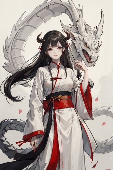 negative space, shuimobysim, masterpiece, best quality:1.2), traditional chinese ink painting, 
peaceful, (smile), looking at viewer, wearing long hanfu, white hanfu, 
A white dragon with hudge dragon head, A chinese dragon surrounded,
<lora:Moxin_10:0.3>