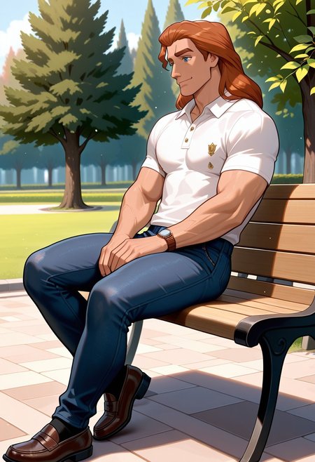 masterpiece,best quality,amazing quality,very aesthetic,absurdres,newest, huge filesize, Prince_Adam_BTB, 1man male focus, solo, auburn hair, blue eyes, lean and athletic, mature,  long hair, strong, long legs, tall, manly, masculine, classy, artistic, relaxed look, small smile, park, sitting on a park bench, Polo shirt,  loafers, dark denim jeans, wristwatch