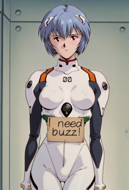 masterpiece, best quality, 1girl, rei ayanami, ayanami rei, blue hair, short hair, red eyes, mature female, breasts, retro artstyle, anime screencap, bodysuit, headgear, plugsuit, white bodysuit, solo, cool background, need_buzz, holding sign